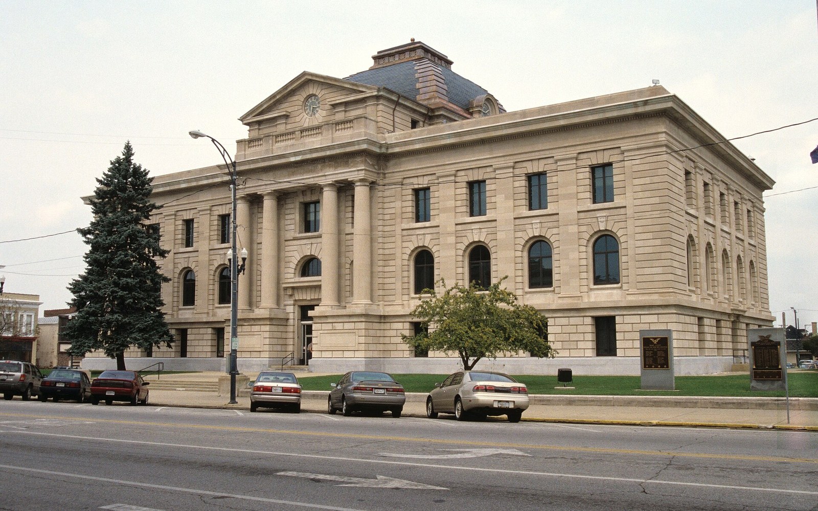 The dome of the Miami County Courthouse against flat Ohio sky, taken from the Public Square