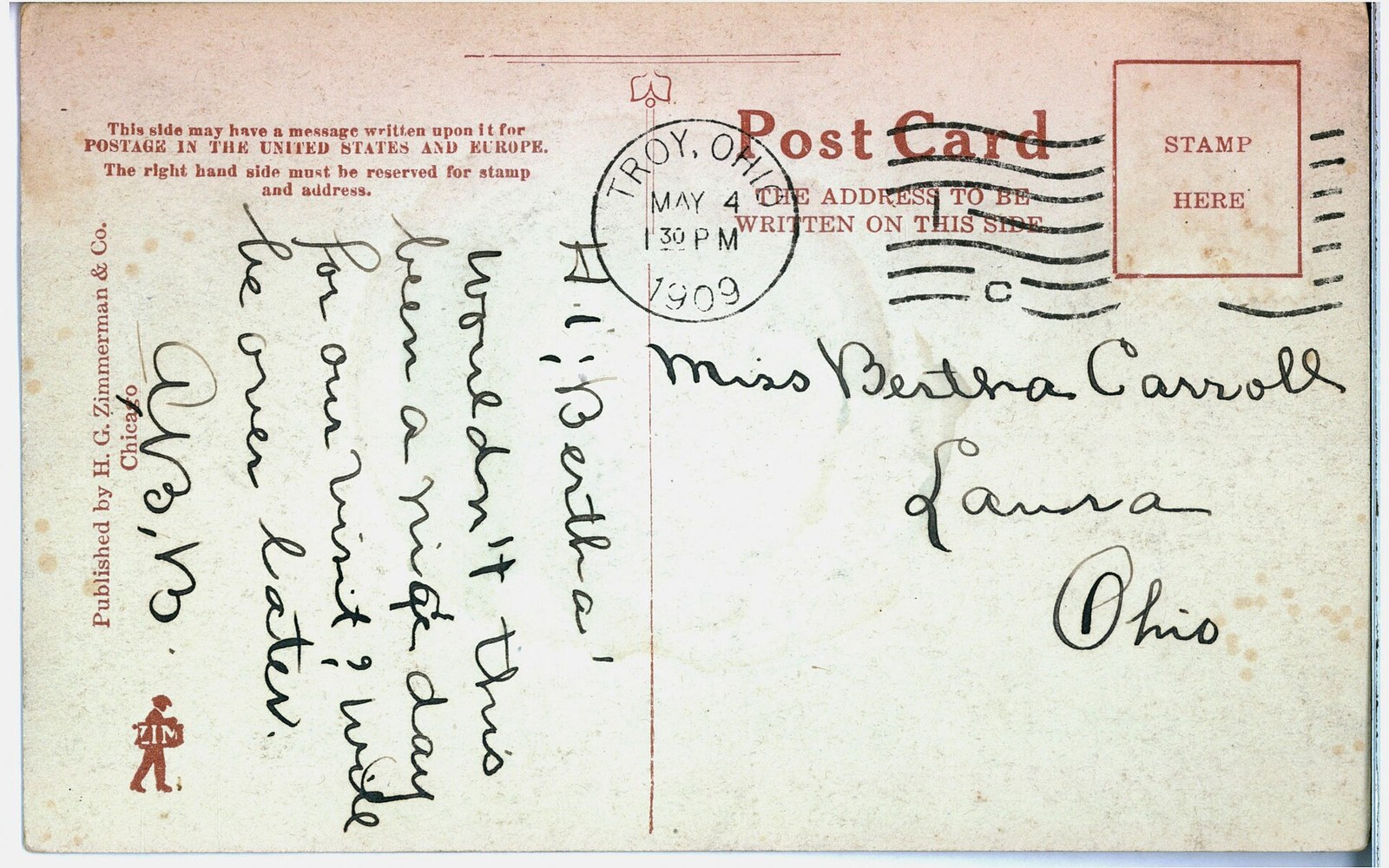 Back of a 1909 postcard with handwritten note and Troy, Ohio postmark